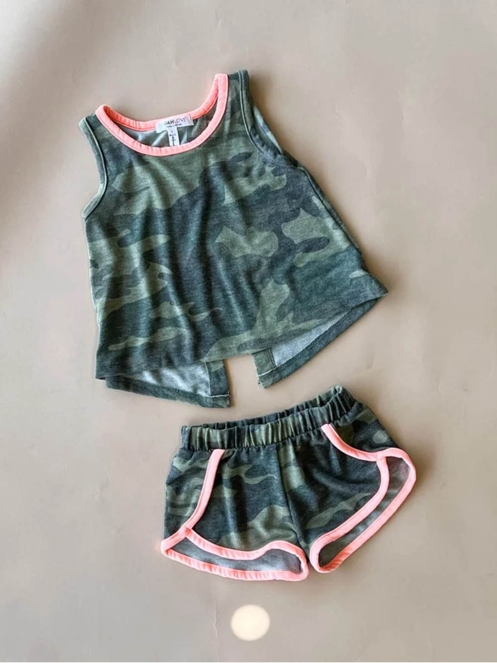 Joah Love Shauna Grey Camo Tank Top & Shorts Set with Neon Coral Trim